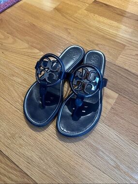 Tory Burch navy slip on sandals